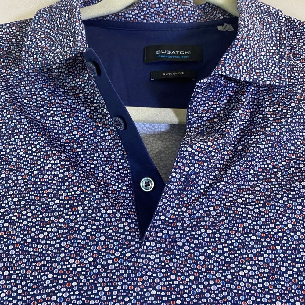 Bugatchi OoohCotton Tech Polo Shirt Men's XL Blue All-Over 8-Way Stretch Knit